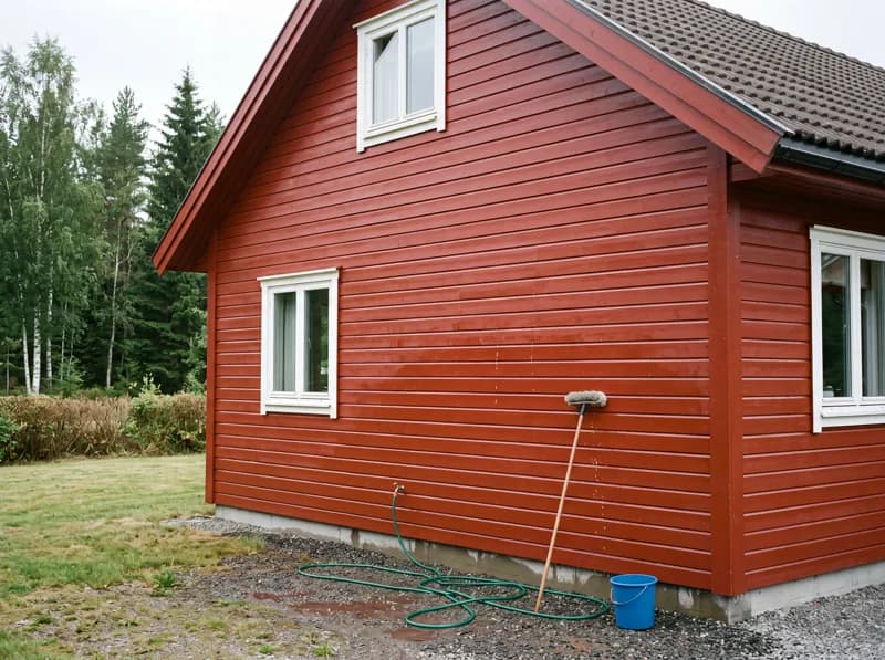 Nyvasket rødmalt trepanel som fortsatt er vått etter fasadevasken, med vaskekost, hageslange og bøtte satt igjen langs veggen.