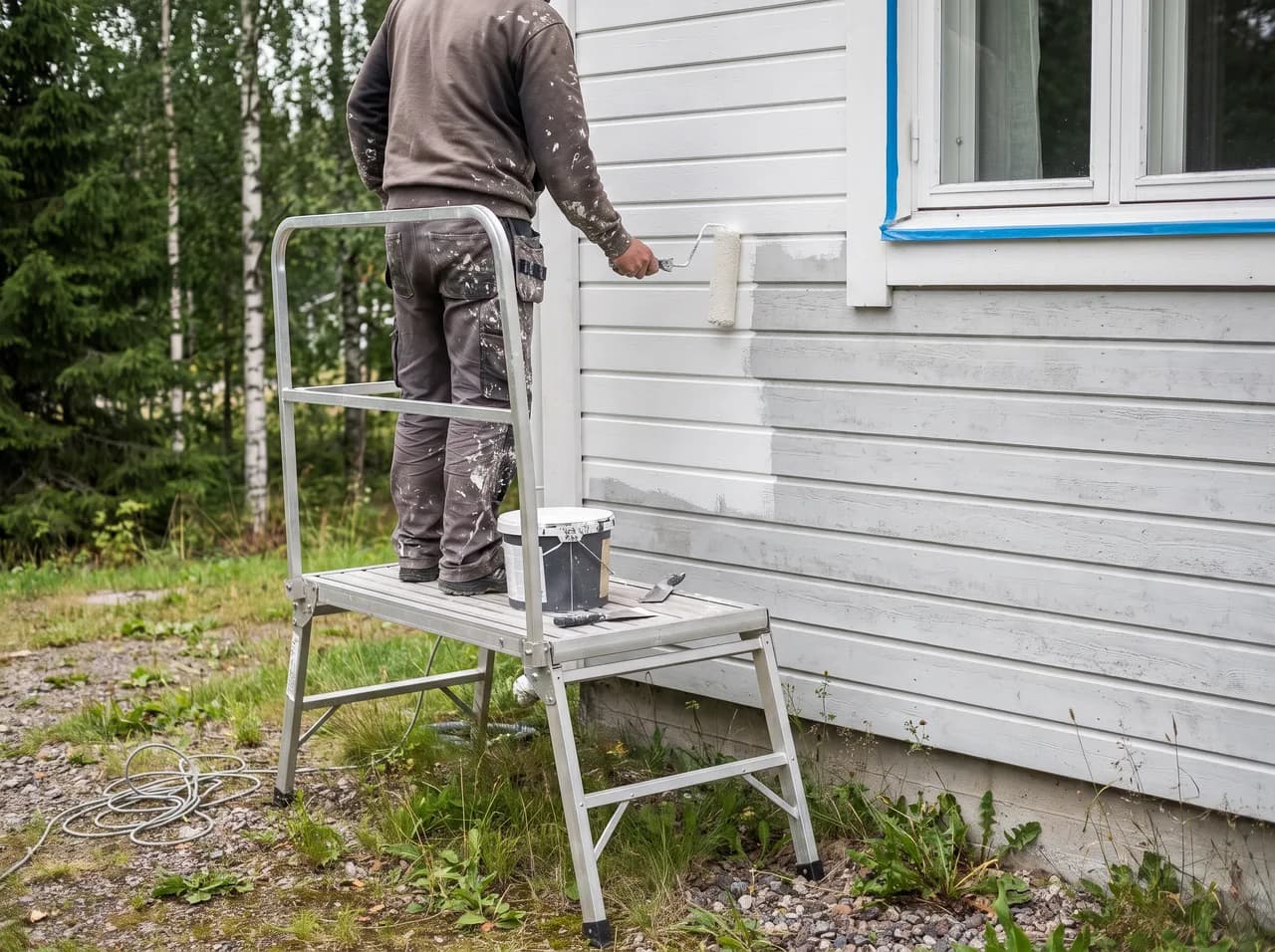 Maler på stillas som ruller ny maling på liggende trepanel, med tydelig skille mot den gamle falmede malingen.